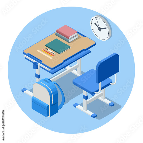 Isometric school desk and a chair isolated on white background. Wooden piece of furniture. Prepareing for test exam or studying lessons of secondary education. Back to school concept