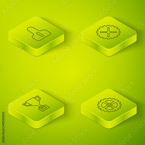 Set Isometric line Bicycle sprocket crank, Award cup with bicycle, and seat icon. Vector