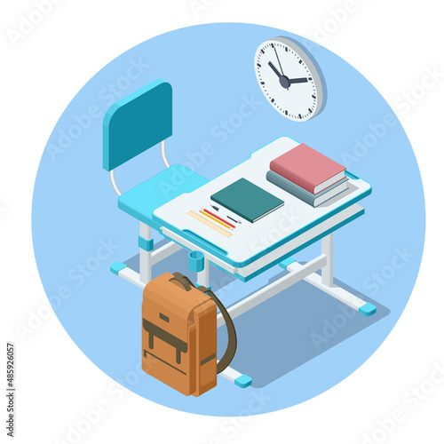Isometric school desk and a chair isolated on white background. Wooden piece of furniture. Prepareing for test exam or studying lessons of secondary education. Back to school concept