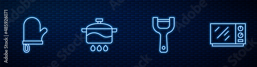 Set line Vegetable peeler, Oven glove, Cooking pot and Microwave oven. Glowing neon icon on brick wall. Vector