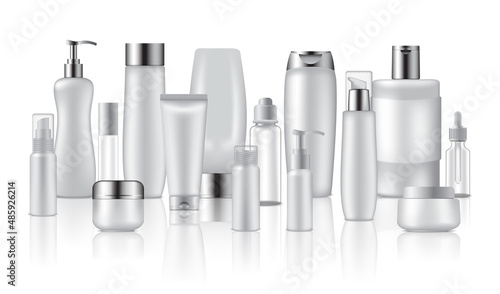 Set of cosmetic bottles on white background, realistic vector illustration