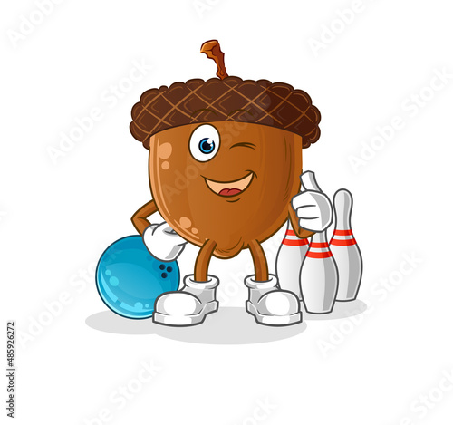 acorn head cartoon play bowling illustration. character vector