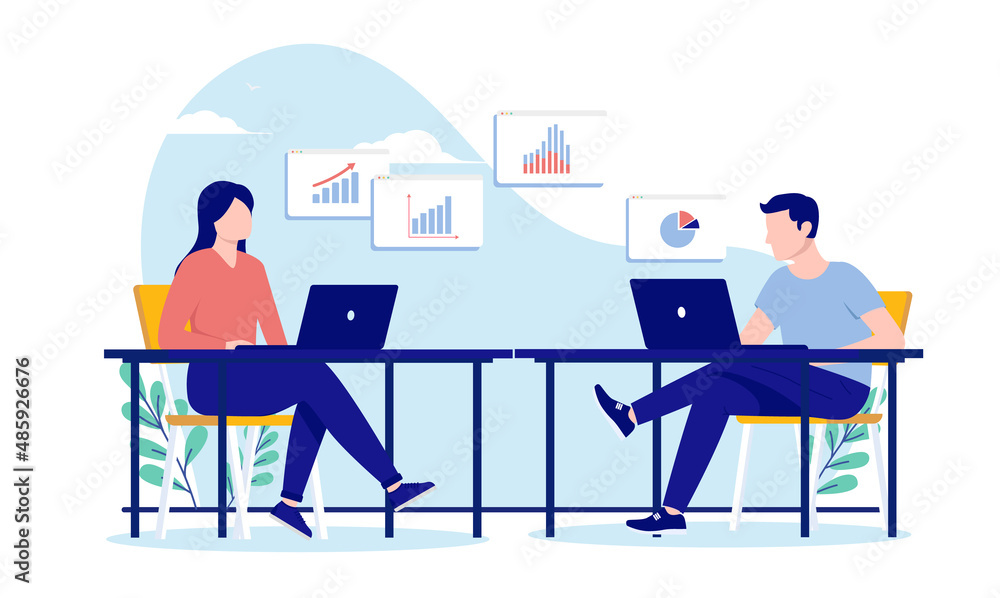 Man and woman working on computers - Two people sitting at desk doing work with charts and graphs. Flat design vector illustration with white background