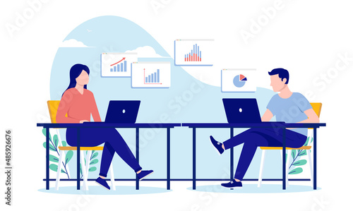 Man and woman working on computers - Two people sitting at desk doing work with charts and graphs. Flat design vector illustration with white background
