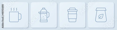Set line Cup of tea, French press and Tea packaging. White square button. Vector