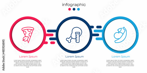 Set line Vegan pizza slice, Genetically modified chicken and Apple and banana. Business infographic template. Vector