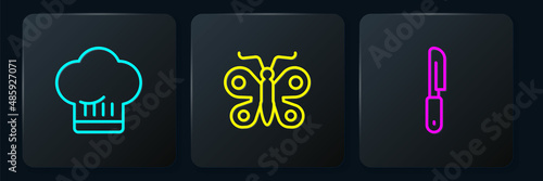 Set line Chef hat, Knife and Butterfly. Black square button. Vector
