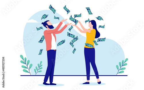 Couple making money - Man and woman throwing dollar bills in air and making it rain. Flat design vector illustration with white background