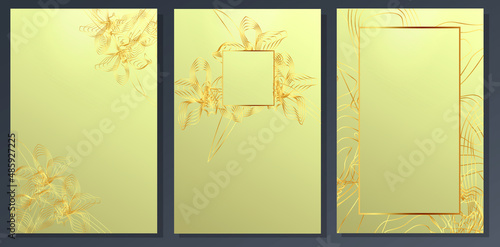 Golden and cream luxury background. Orchids drawn in intricate line art, guilloche curves. Floral pattern for invitations, wedding, elegant cover.