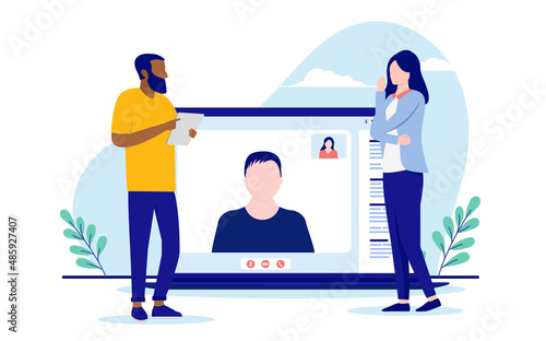 Remote meeting at work - People having a physical meeting while colleagues participating remotely online on computer screen. Flat design vector illustration with white background
