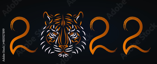 New Year of the Tiger, 2022. Tiger head silhouette drawing. Greeting card, poster, illustration for printing on T-shirts, textiles and souvenirs, tatty.