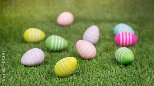 Easter eggs ready for egg hunting in sunlight on green grass