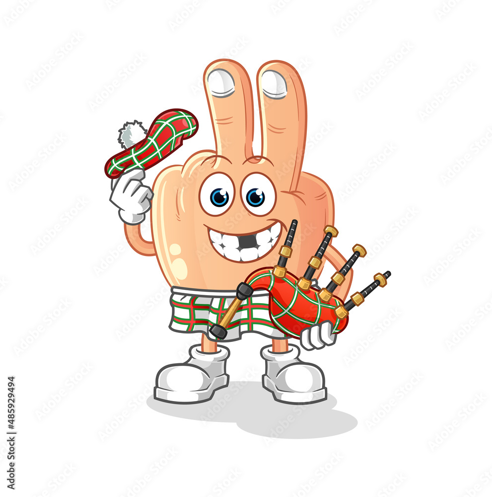 Obraz premium peace finger head cartoon scottish with bagpipes vector. cartoon character