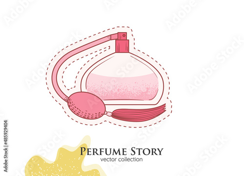 Classic Perfume bottle illustration. Glamour fragrance isolated icon. Woman perfume atomizer in retro bottle sticker