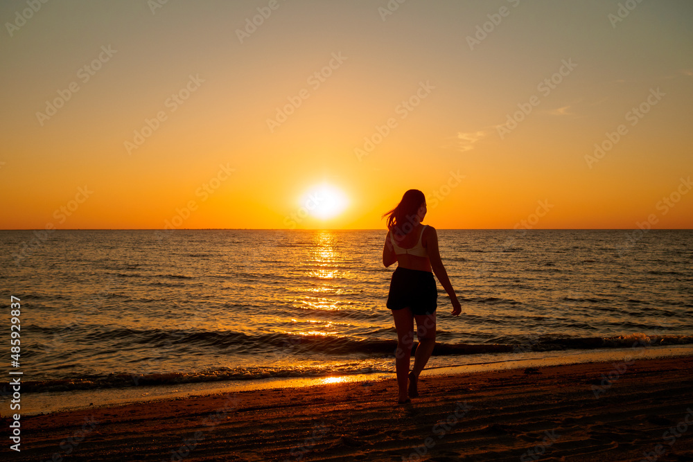 Silhouette of a young girl on the seashore against the backdrop of the setting sun.