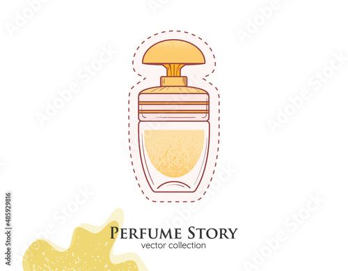 Classic Perfume gold bottle illustration. Glamour fragrance isolated icon. Woman perfume in retro bottle sticker
