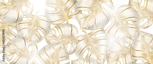 Luxury background with gold monstera leaves in line art style. Botanical art banner with tropical plants for design, decoration, packaging