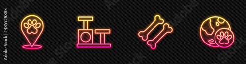Set line Dog bone, Location veterinary hospital, Cat scratching post with toy and World pet. Glowing neon icon. Vector