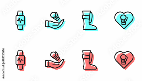 Set line Sport boxing shoes, Smart watch with heart, Boxing glove and icon. Vector