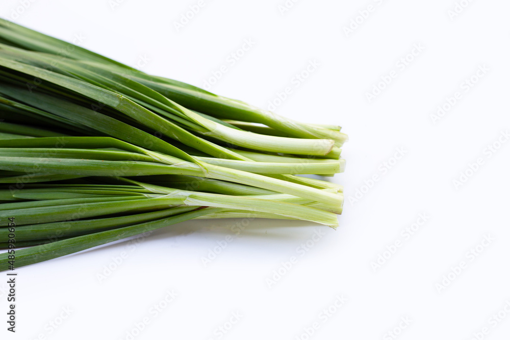 Fresh Chinese Chive leaves on white background. Fresh Chinese Chive leaves on white background.