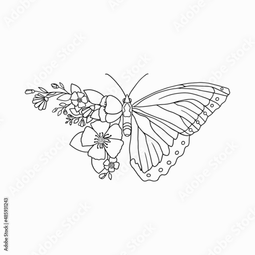 Butterfly with flowers outline character. Cute vector graphic illustration perfect for coloring book, tattoo, embroidery, print, poster