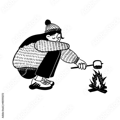 Cute graphic young woman roast marshmallow on fire. Cozy autumn camping concept. Teenage girl travel vector illustration