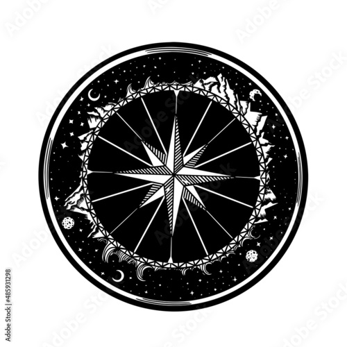 Vintage compass and wind rose tattoo art with mountains and night sky. Adventure, travel, outdoors, symbol silhouette. Vector illustration for print design, sticker, logo, poster