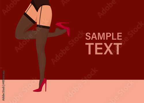 Cartoon flat legs template on white background. Cross-legged legs of girl in high-heeled red shoes. Beauty logo