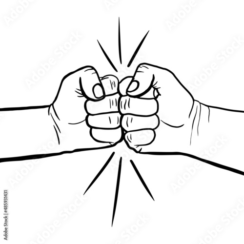 Hand drawn two fists bumping together. Vector sketch of two hands with fists. Collision and fight concept. Illustration in outline, doodle style