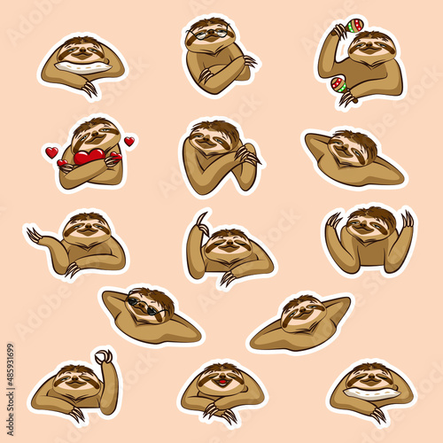 A set of different popular emotions of a funny cartoon sloth. Stickers with a white outline. Vector illustration.