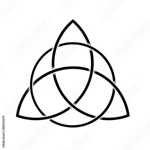 Triquetra symbol interlaced with circle. Linear Celtic trinity knot. Infinite loop sign interlocking with circle. Interconnected loops make trefoil. Vector Ancient ornament symbolizing eternity