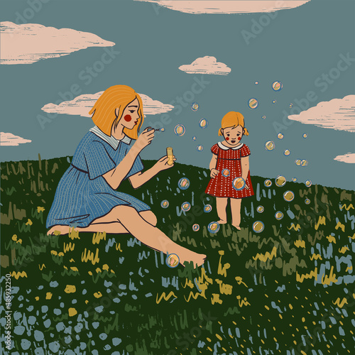 Mother and daughter blowing bubbles together scene. Outdoor Family time concept. Hand drawn flat illustration