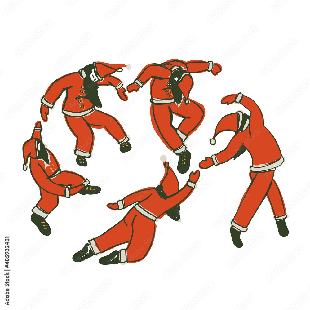 Matisse inspired santas dancing. Santa Clauses in free movement poses. Flat vector illustration isolated on dark background perfect for print design, card, poster