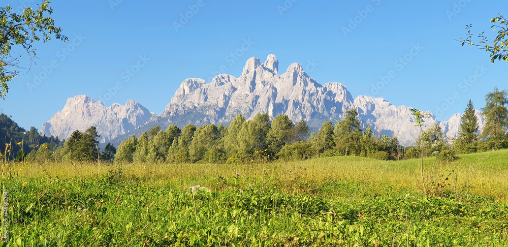 Fototapeta premium Landscape of the Dolomites mountains on a sunny day, Italy. Panorama.