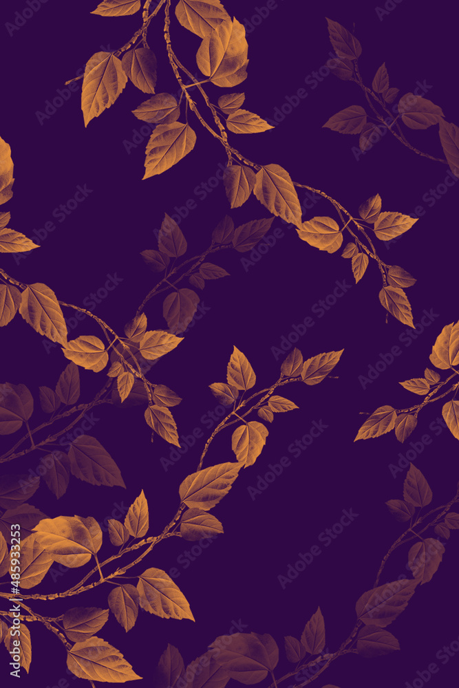 Liście na fioletowym tle. Wzór roślinny na tapetę, tekstylia, tło. - obrazy, fototapety, plakaty 