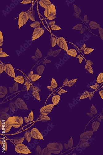 Liście na fioletowym tle. Wzór roślinny na tapetę, tekstylia, tło.