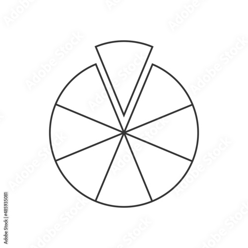 Circle segmented into 8 equal parts. Outline pie or pizza shape cut in eight sectors. Round statistics chart example isolated on white background. Vector linear illustration