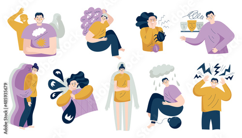 Vector hand drawn flat set of people with mental disorders: bipolar, depression, anorexia, schizophrenia, anxiety, stress, personal disorder.