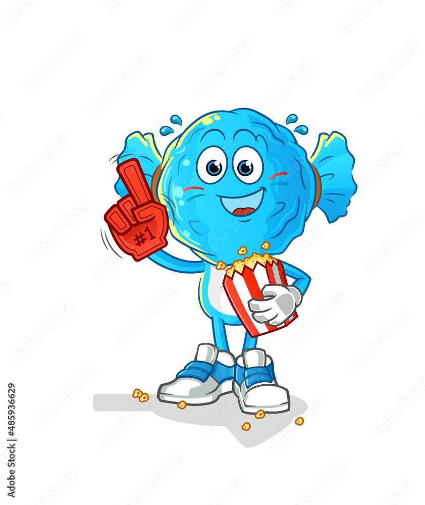 candy head cartoon fan with popcorn illustration. character vector