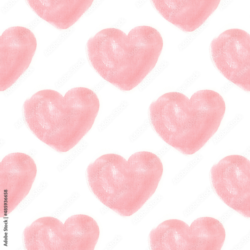 Seamless pattern of watercolor hearts. Soft pink pastel color.
