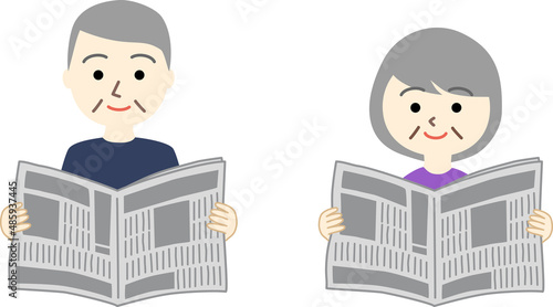 新聞を読む高齢男性と高齢女性のセット
