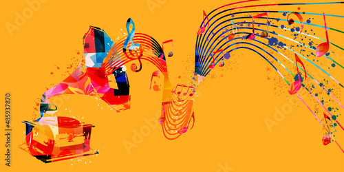 Colorful gramophone with musical notes poster for music festivals. Phonograph design for party flyers and invitations, listening to music vector illustration