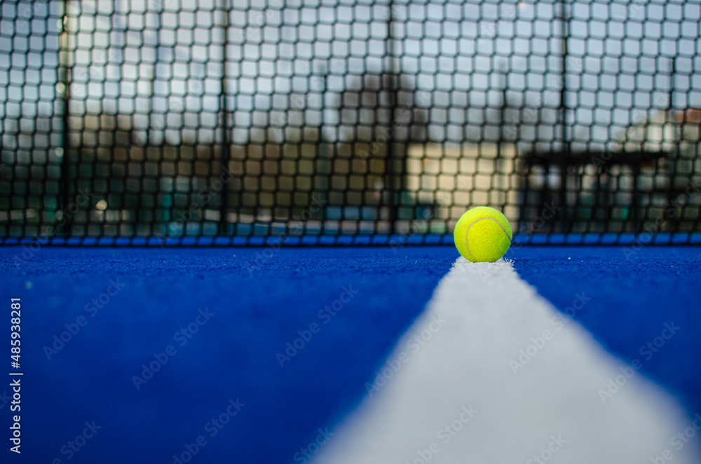 Selective focus. Ground level view of a ball on the line of a blue paddle tennis court with the net out of focus in the background.