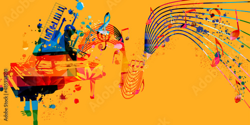 Colorful piano with musical notes and instruments for live jazz, blues, rock concert events, music festivals and shows, party flyers and invitations. Musical poster for club party vector illustration