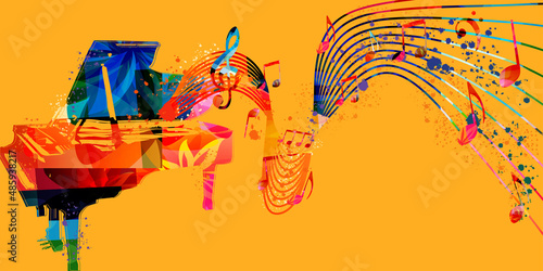 Colorful piano with musical notes for live jazz, blues, rock concert events, music festivals and shows, party flyers and invitations. Musical poster for club party vector illustration