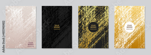Cover design set. Modern backgrounds, grunge texture, abstract vertical patterns. Geometric golden pattern with lines. Actual design for brochure, catalog, book, poster, flyer.