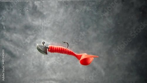 Artificial bait for fishing in the water. The vibrotail swims in the water. Silicone bait. Twister for spinning
 photo