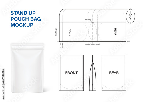 Stand-up pouch bag mockup with layout. Vector illustration isolated on white background. Front view. Great for presenting a future product. EPS10.	