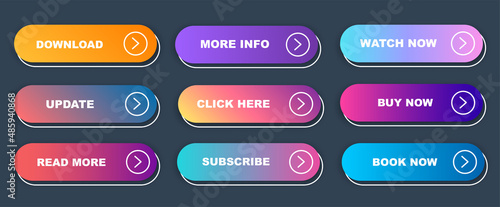Set of vector modern trendy flat buttons. Different colors of main shapes