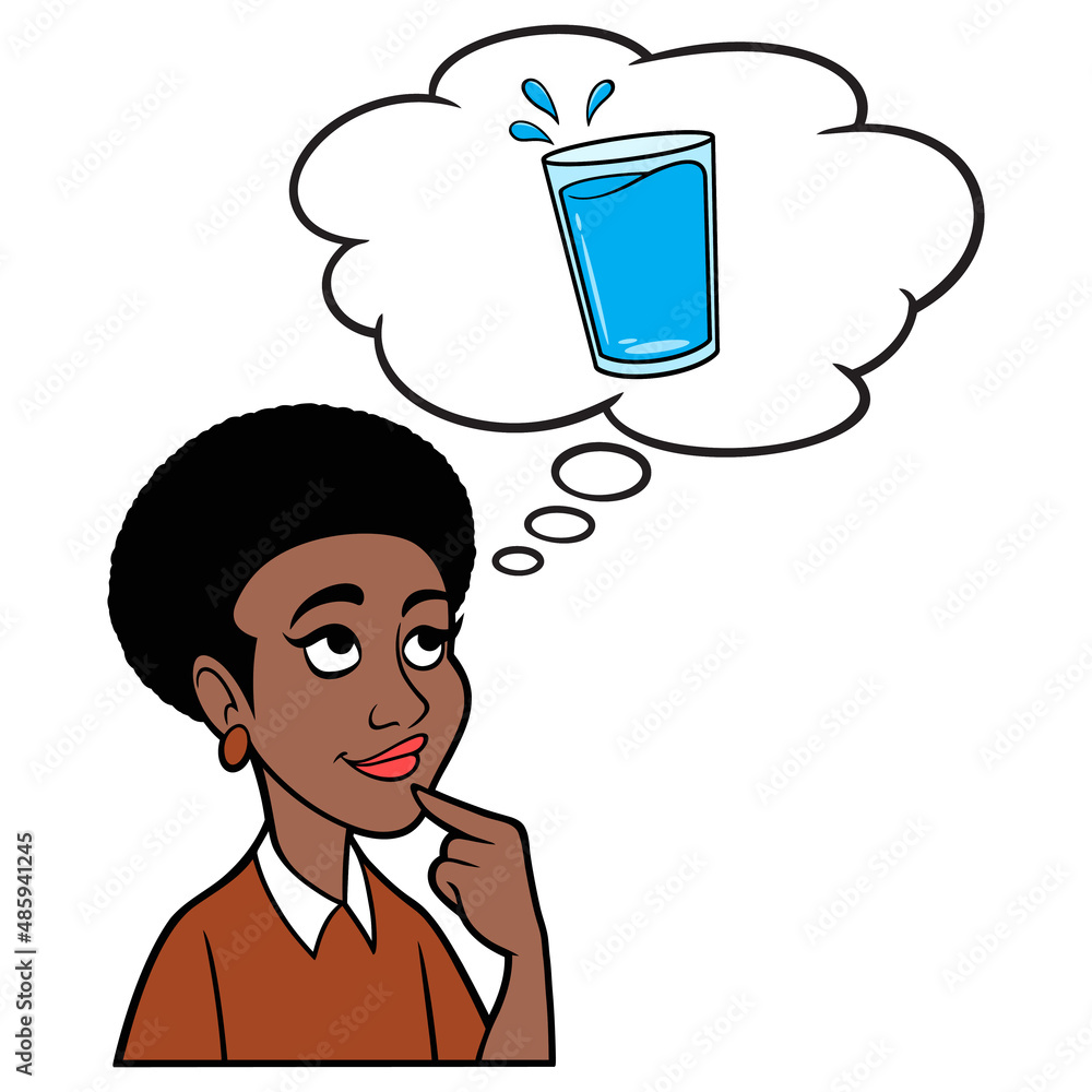 Black Woman thinking about a Glass of Water - A cartoon illustration of a Black Woman thinking about a Glass of Water. Black Woman thinking about a Glass of Water - A cartoon illustration of a Black Woman thinking about a Glass of Water.